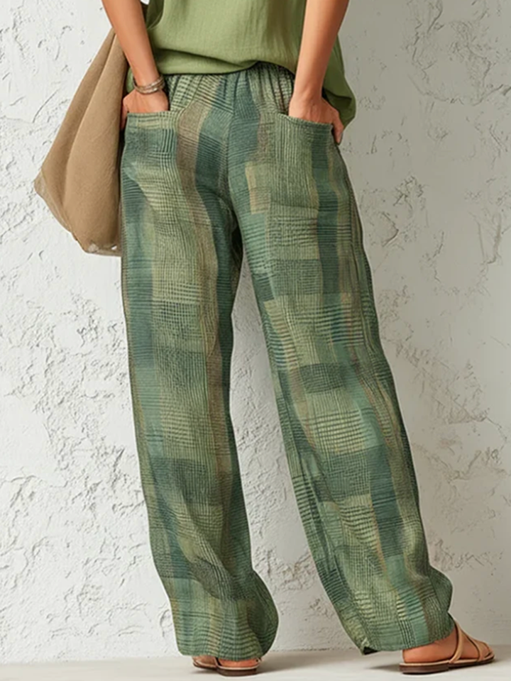 Women's green plaid high-waisted wide-leg trousers