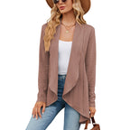 Women's open front textured cable cardigan with long sleeves and draped front panels