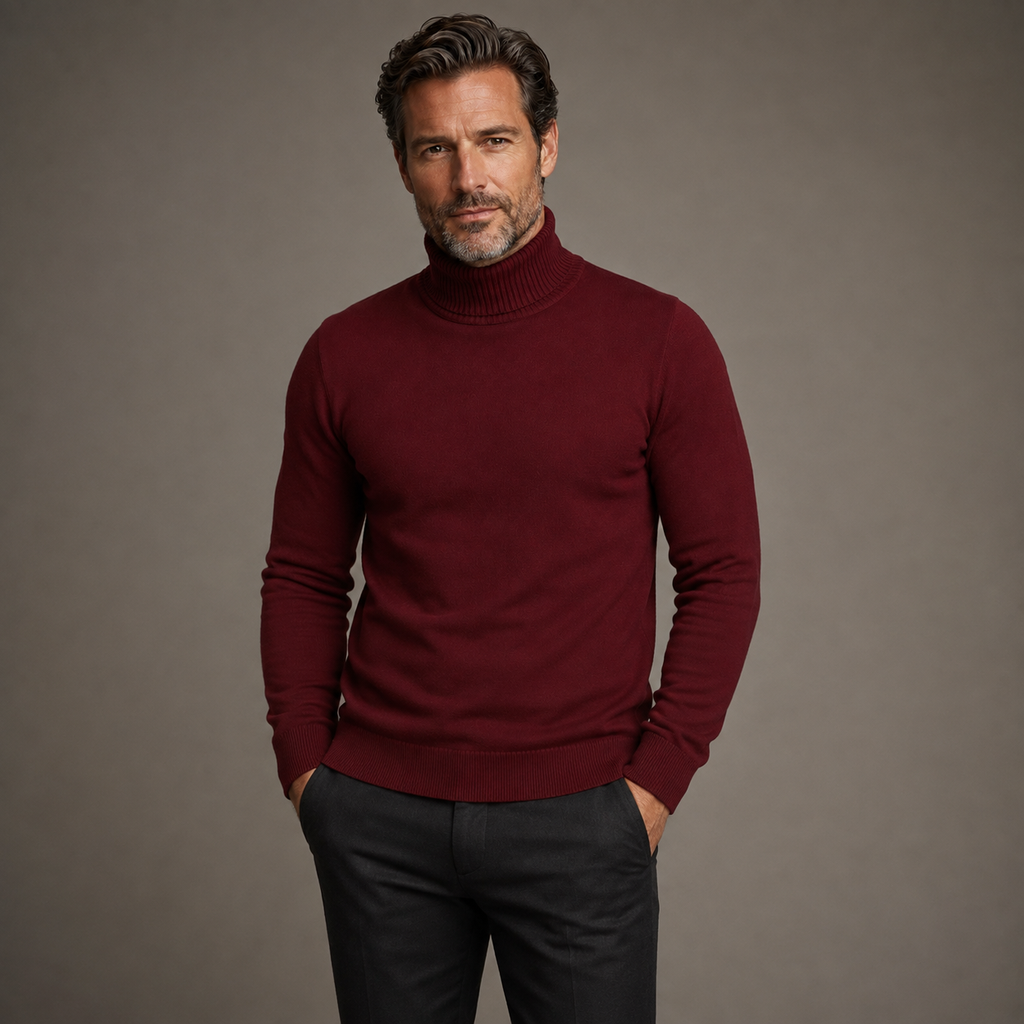Men's ribbed turtleneck sweater with long sleeves and ribbed trims