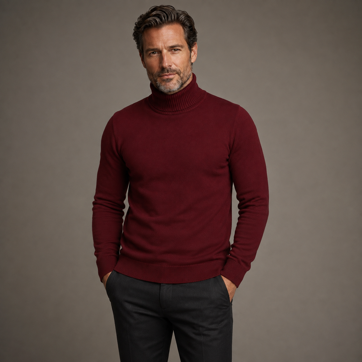 Men's ribbed turtleneck sweater with long sleeves and ribbed trims