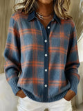 Women's checked button cardigan with shirt collar and long sleeves