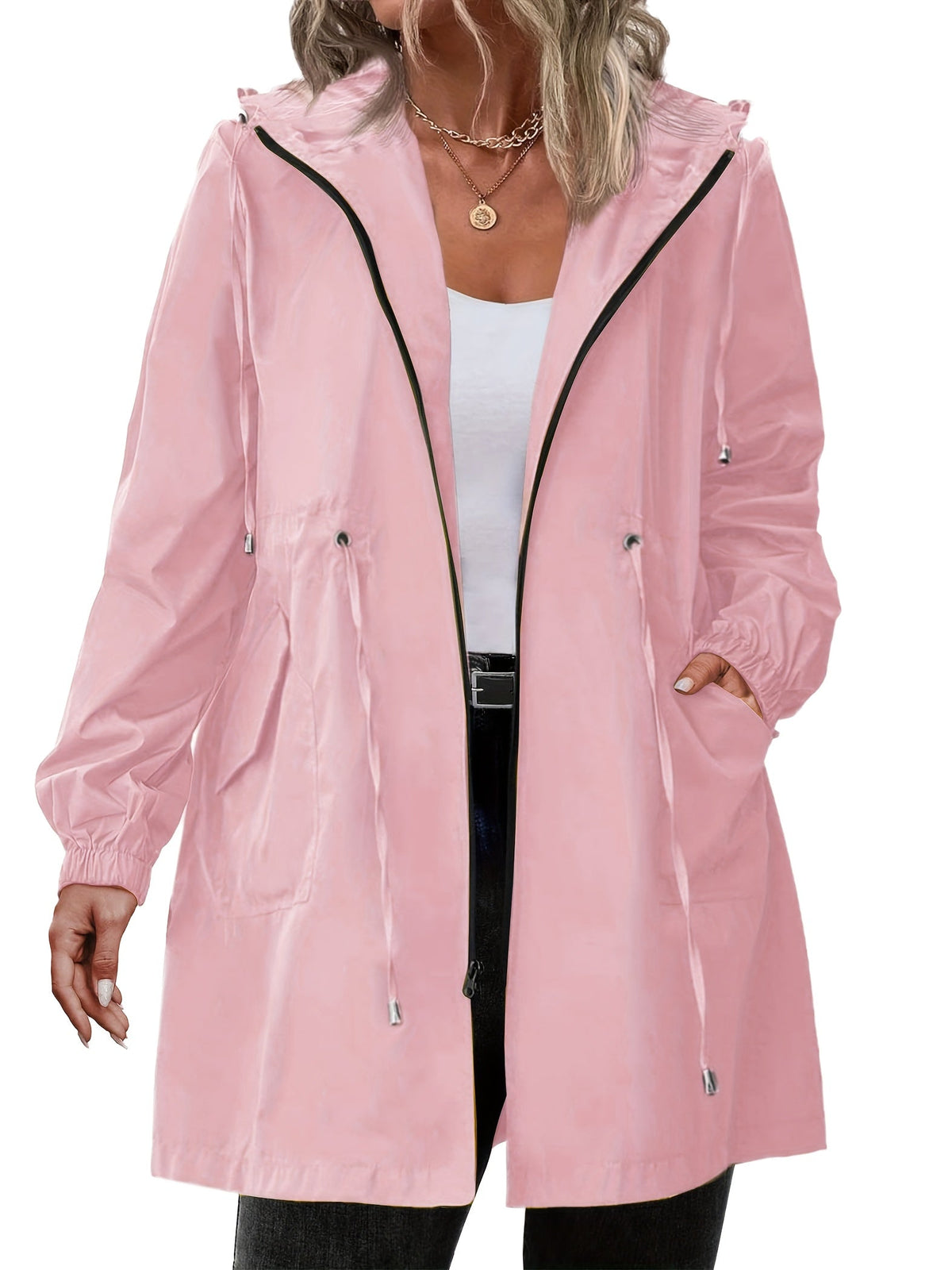Women's longline hooded raincoat with zip front and drawstring waist