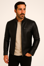 Men's stand collar jacket with long sleeves, zip front and chest pocket