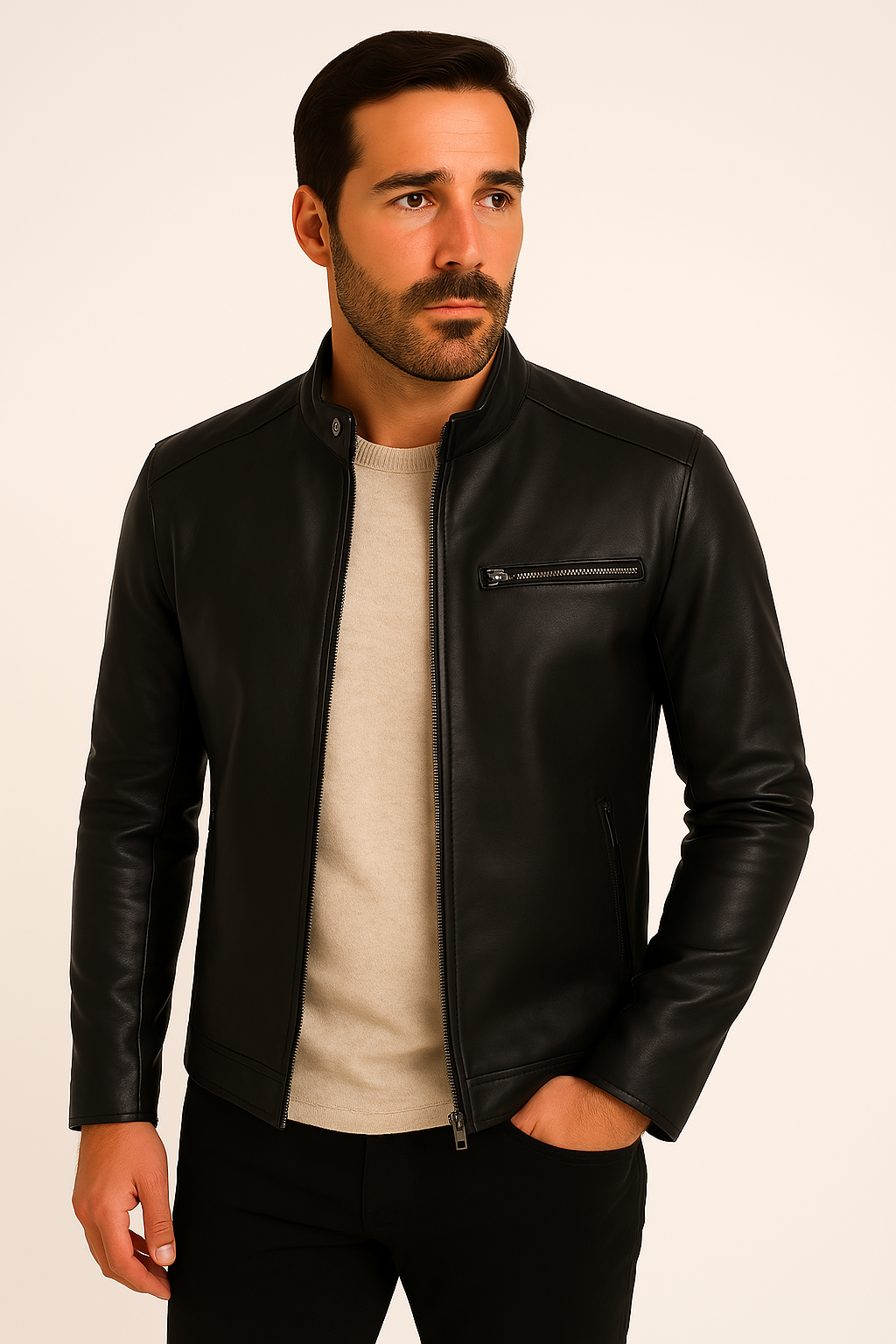 Men's stand collar jacket with long sleeves, zip front and chest pocket