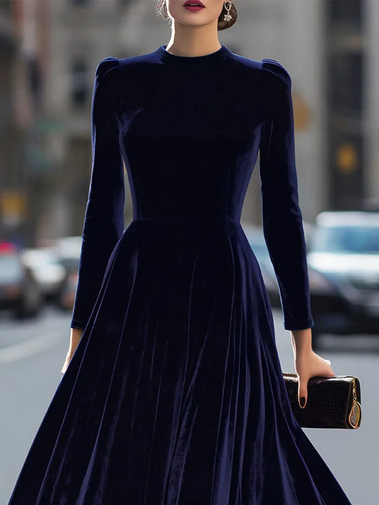 Women's navy long sleeve pleated midi dress