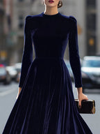 Women's navy long sleeve pleated midi dress