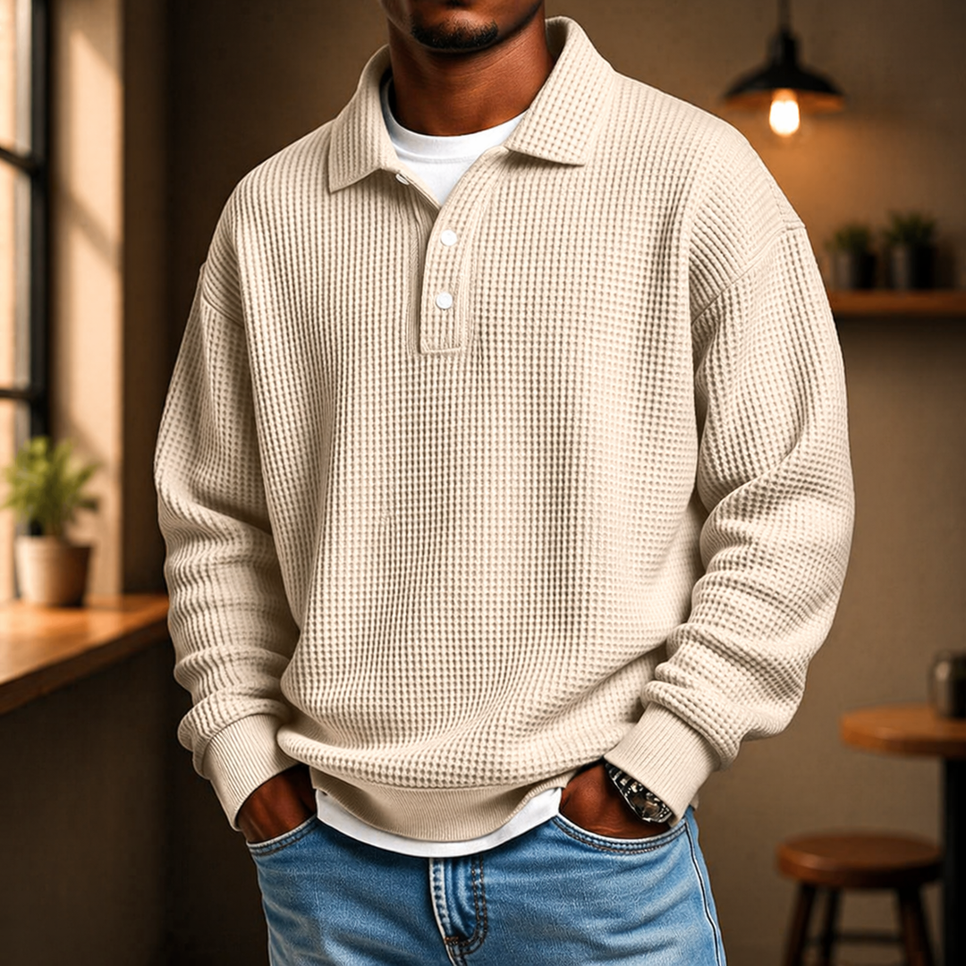 Men's textured long-sleeve polo knit sweater with button placket