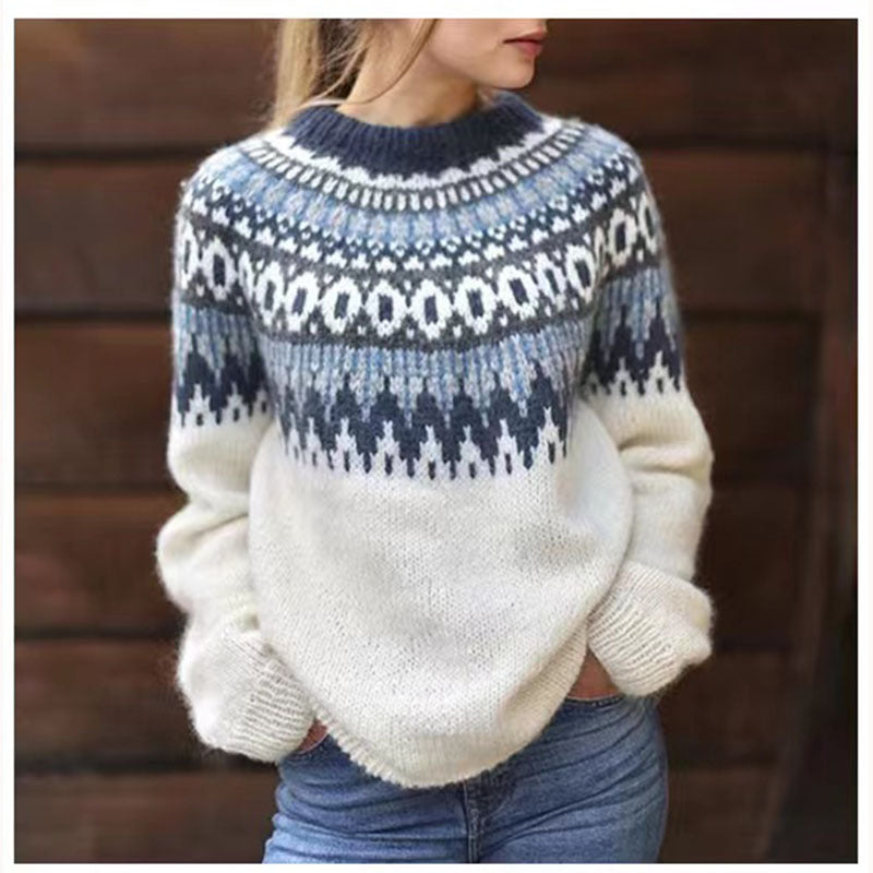 Women's white Fair Isle sweater with blue and gray patterned yoke