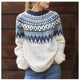 Women's white Fair Isle sweater with blue and gray patterned yoke