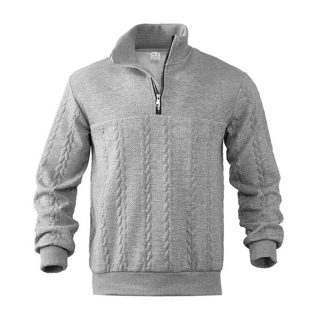 Men's quarter-zip jumper with stand collar and vertical cable-knit panels