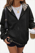 Women's oversized zip hoodie with leopard-lined hood and front pockets