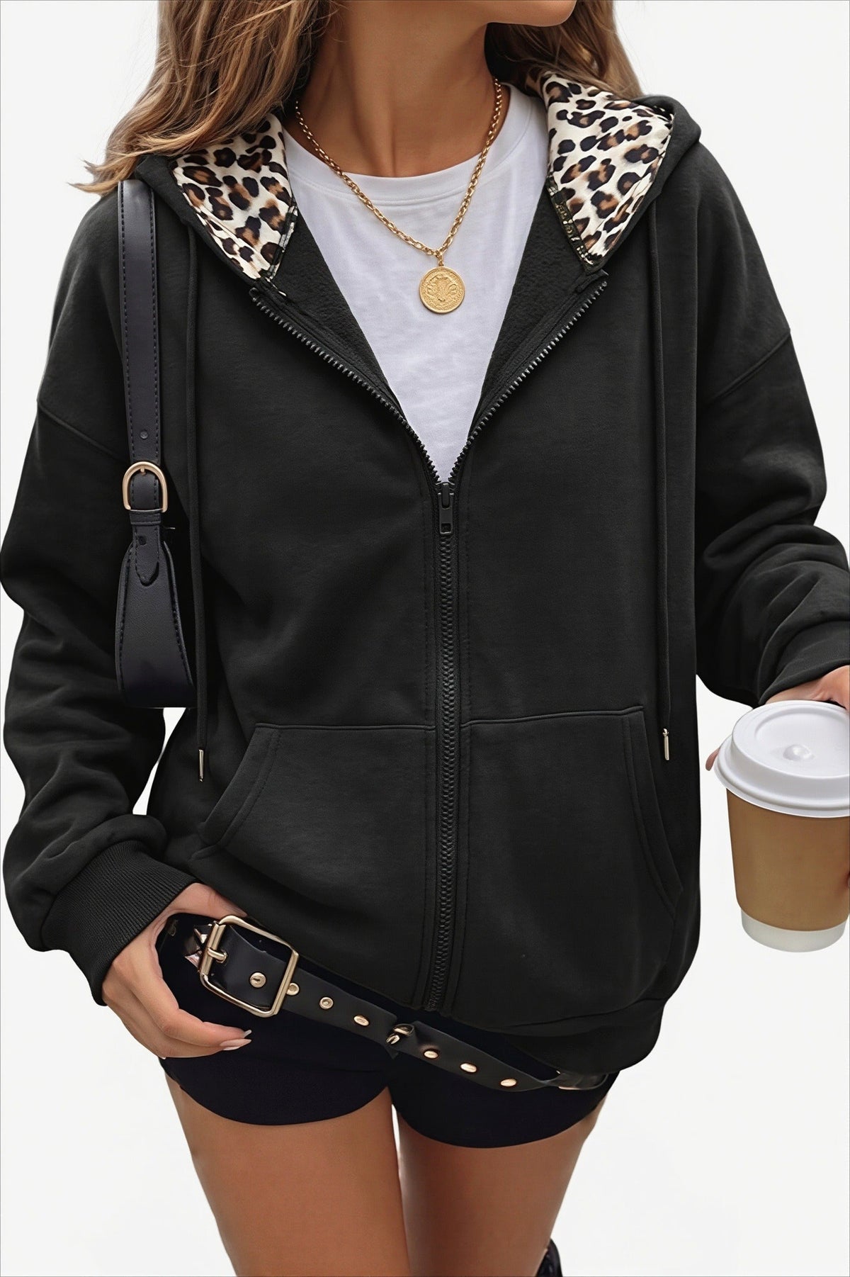 Women's oversized zip hoodie with leopard-lined hood and front pockets