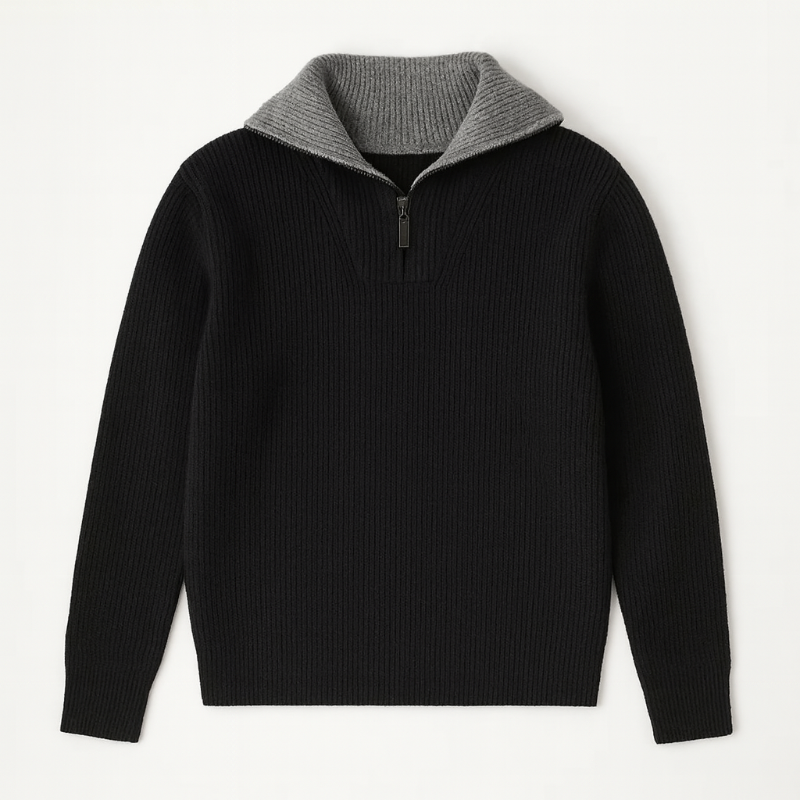 Men's ribbed quarter-zip high-neck sweater with long sleeves