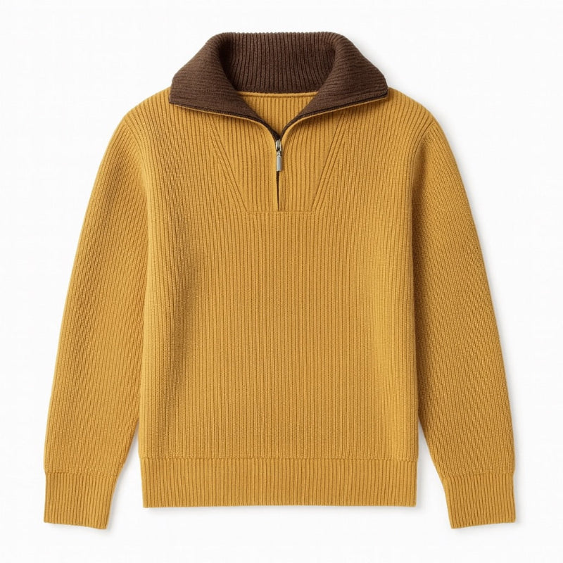 Men's ribbed quarter-zip high-neck sweater with long sleeves