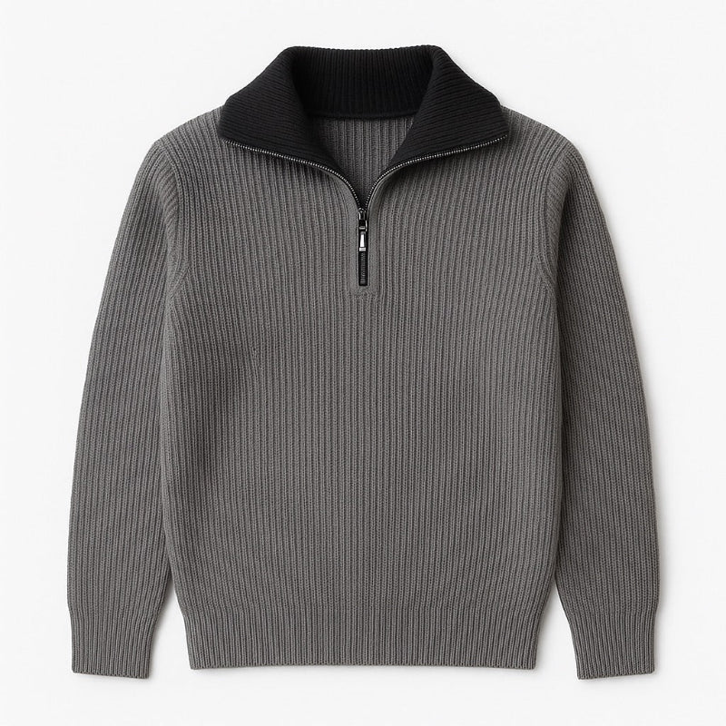 Men's ribbed quarter-zip high-neck sweater with long sleeves