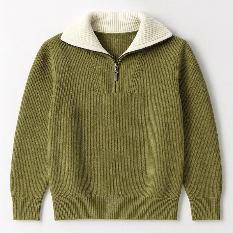 Men's ribbed quarter-zip high-neck sweater with long sleeves