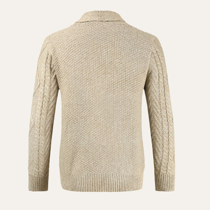 Men's textured knit cardigan with shawl collar, buttons and front patch pockets