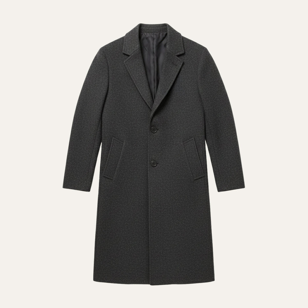 Men's long button-front overcoat with notched lapels and side pockets