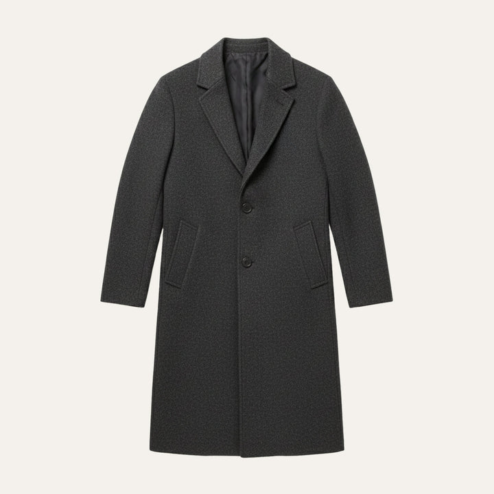 Men's long button-front overcoat with notched lapels and side pockets