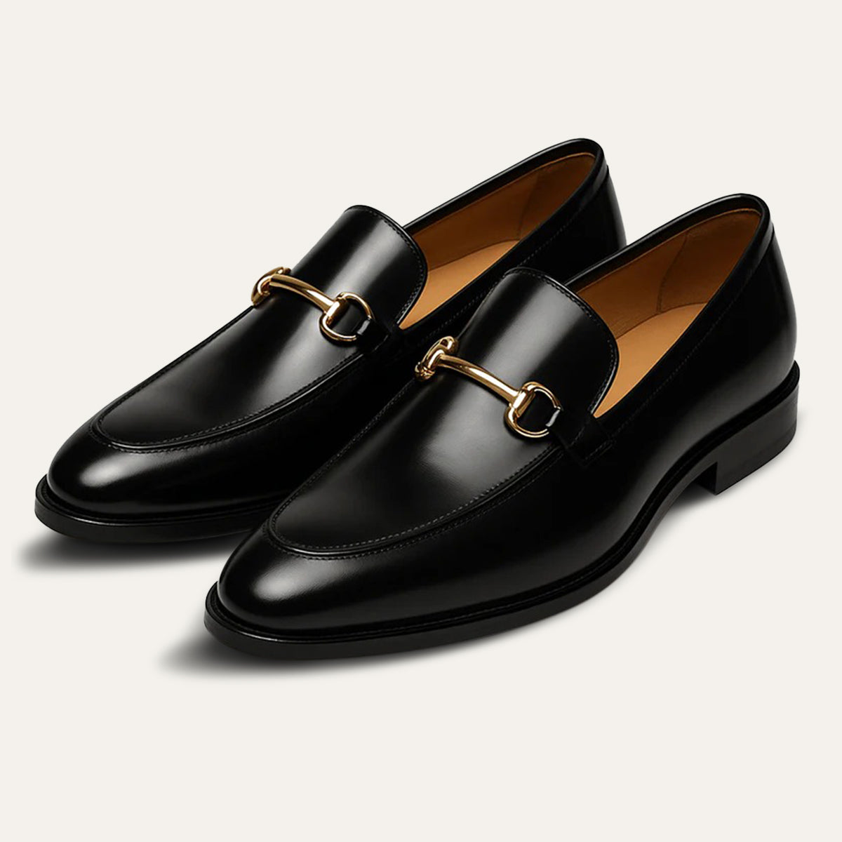 Men's black glossy horsebit loafers with round toe