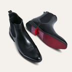 Men's pointed toe Chelsea boots with elastic side panels and low heel