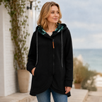 Women's longline hooded jacket with zip front, drawstring hood and side pockets