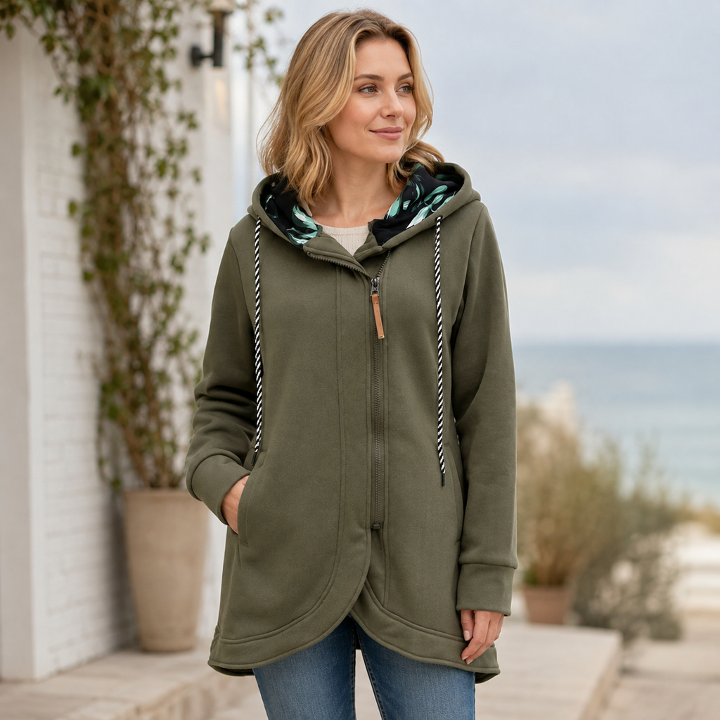 Women's longline hooded jacket with zip front, drawstring hood and side pockets