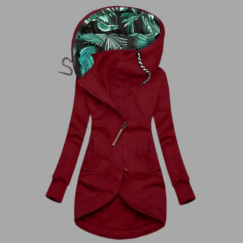 Women's longline hooded jacket with zip front, drawstring hood and side pockets