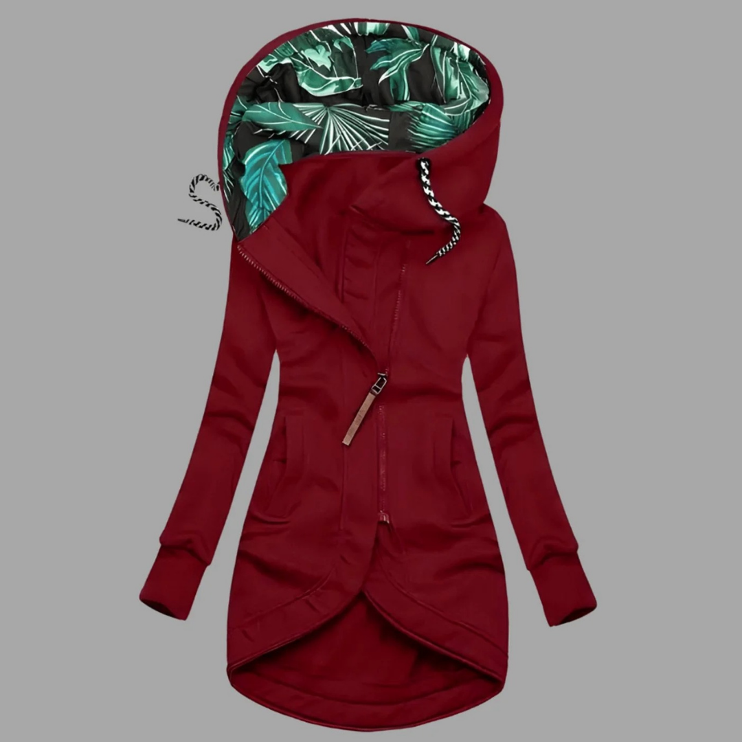 Women's longline hooded jacket with zip front, drawstring hood and side pockets