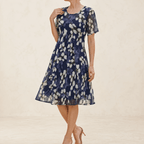 Women's navy floral A-line midi dress with round neckline and short sleeves