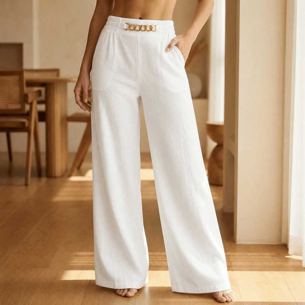 Women's high-waisted wide leg trousers with front chain detail and side pockets