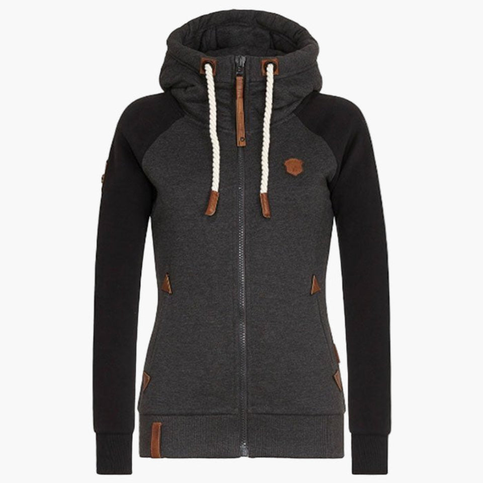 Women's hooded zip-up jacket with contrasting sleeves and pockets