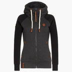 Women's hooded zip-up jacket with contrasting sleeves and pockets