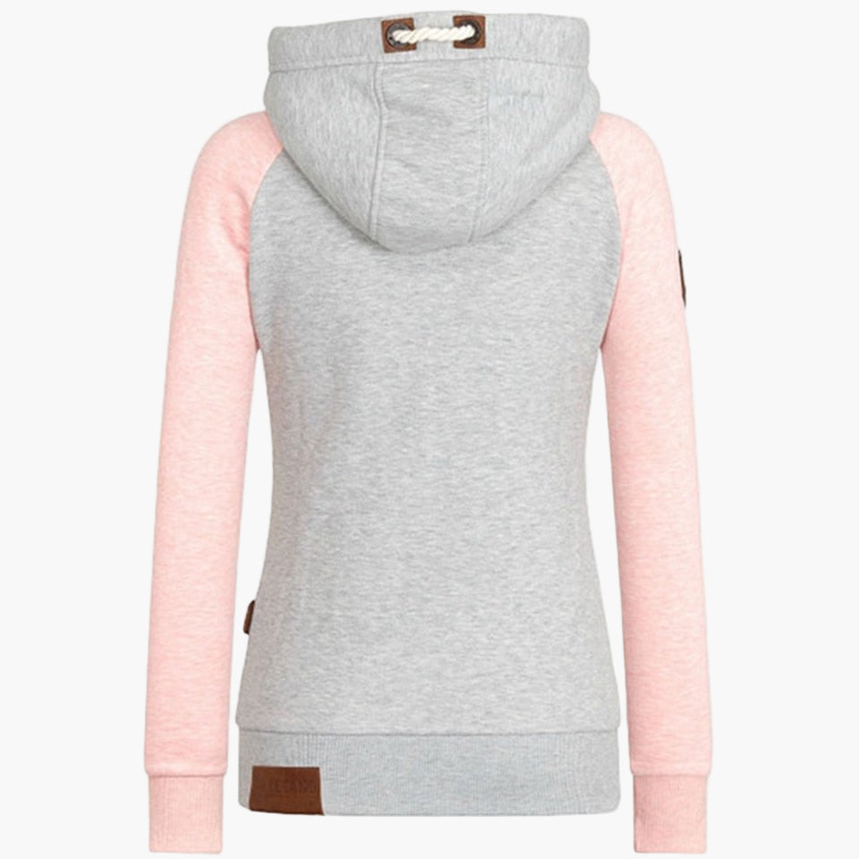 Women's hooded zip-up jacket with contrasting sleeves and pockets