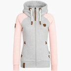 Women's hooded zip-up jacket with contrasting sleeves and pockets