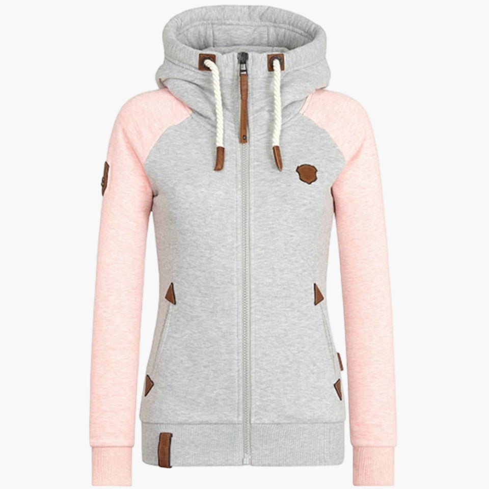 Women's hooded zip-up jacket with contrasting sleeves and pockets