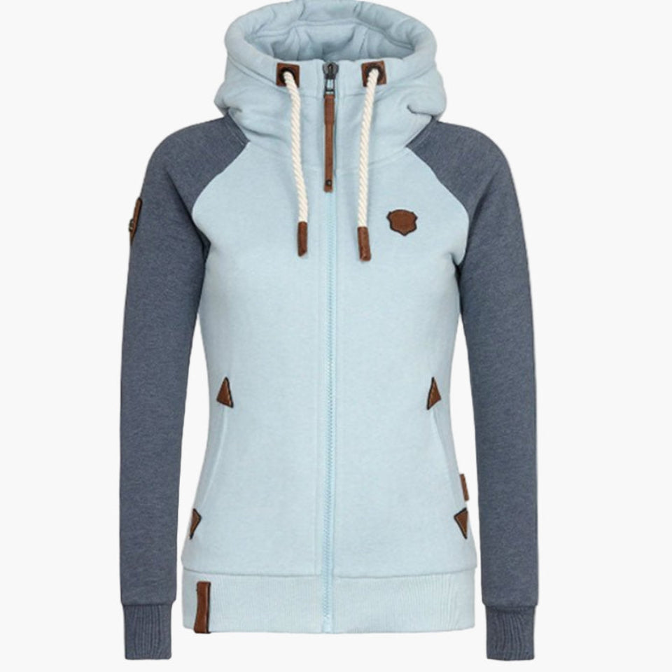 Women's hooded zip-up jacket with contrasting sleeves and pockets