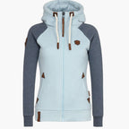 Women's hooded zip-up jacket with contrasting sleeves and pockets