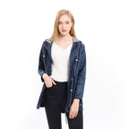Women's hooded longline rain coat with striped lining and zipped pockets