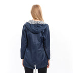 Women's hooded longline rain coat with striped lining and zipped pockets