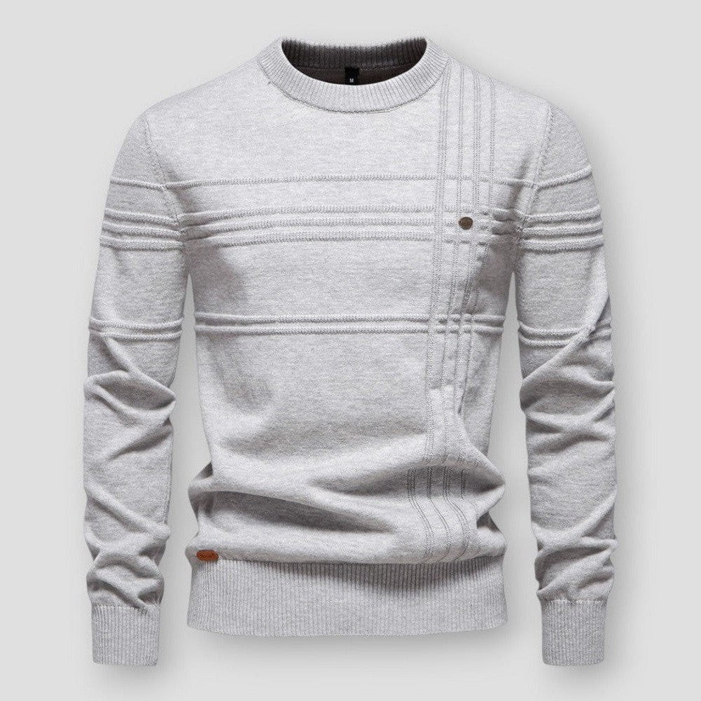 Men's crew neck sweater with raised horizontal and vertical detailing