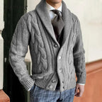 Men's chunky cable knit cardigan with shawl collar and button front