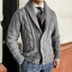 Men's chunky cable knit cardigan with shawl collar and button front