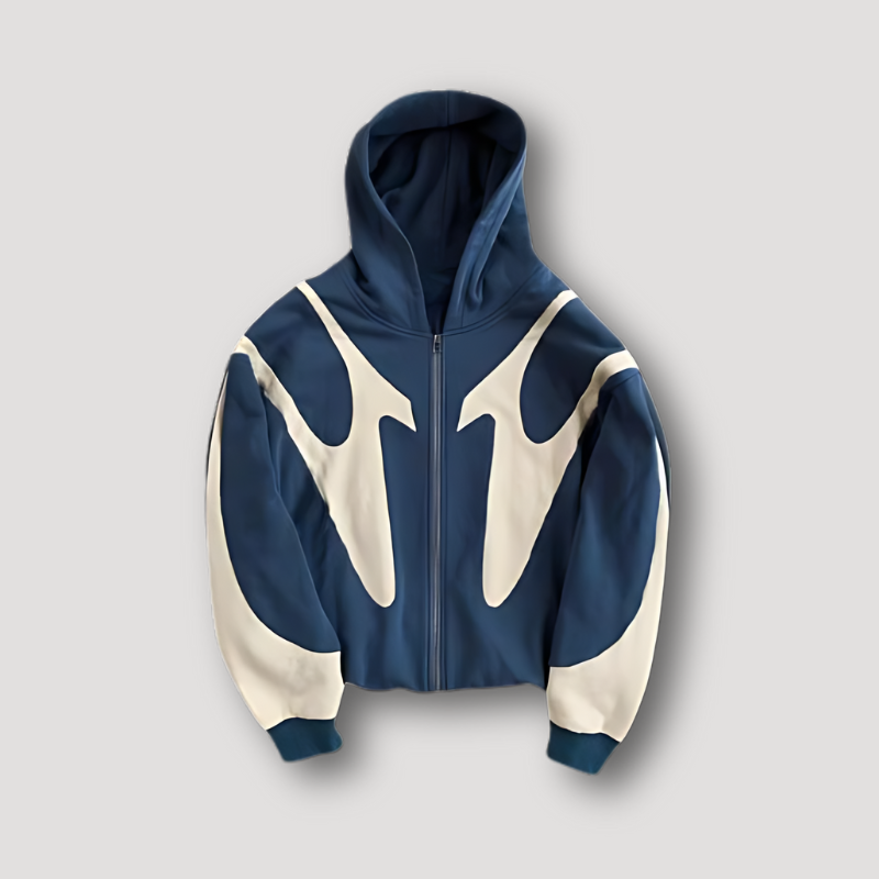 Men's hooded zip-up hoodie with contrasting graphic panels