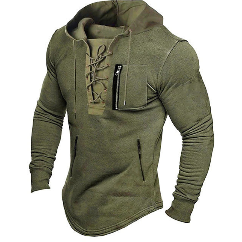 Men's lace up hoodie with chest and lower zip pockets