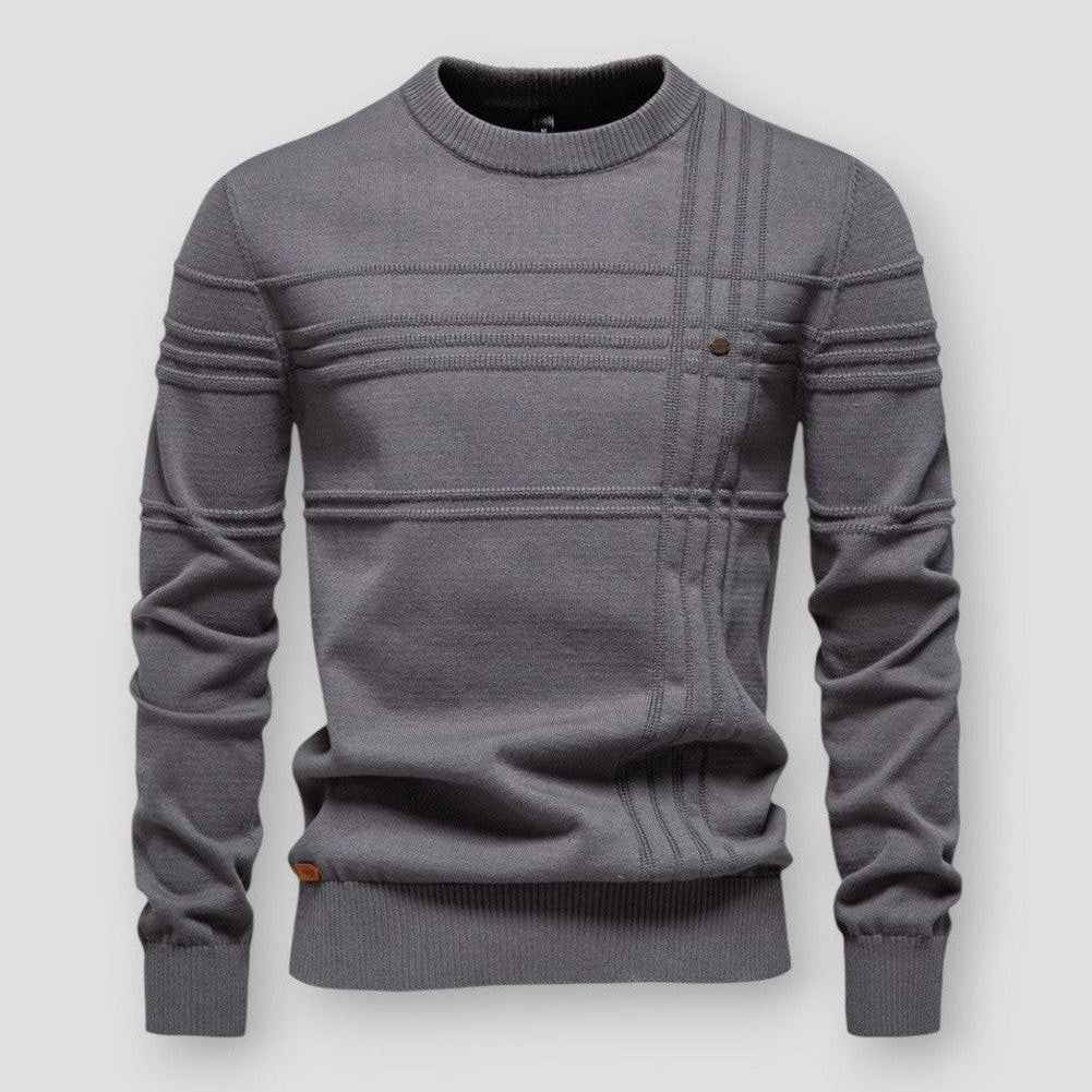 Men's crew neck sweater with raised horizontal and vertical detailing