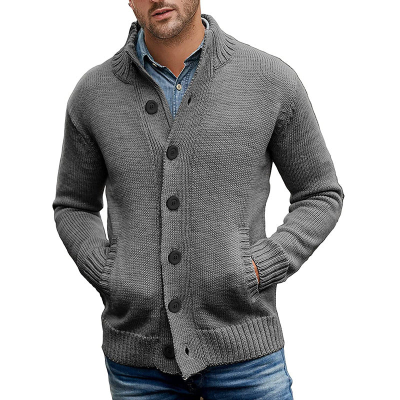Men's textured knitted cardigan with shawl collar and front pockets