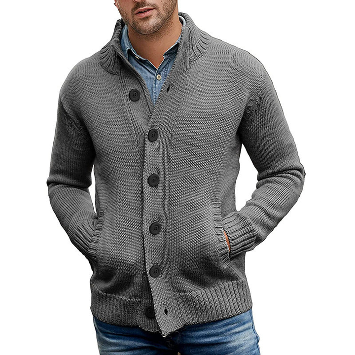 Men's textured knitted cardigan with shawl collar and front pockets