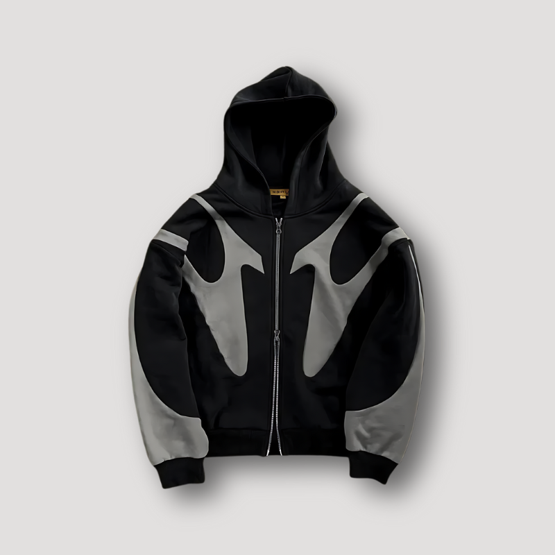Men's hooded zip-up hoodie with contrasting graphic panels