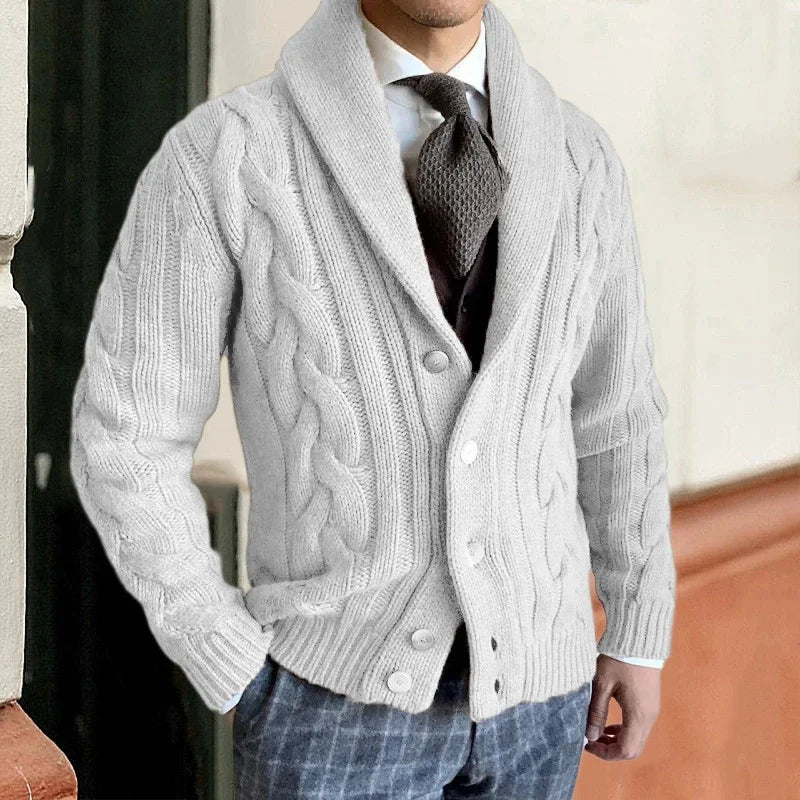 Men's chunky cable knit cardigan with shawl collar and button front